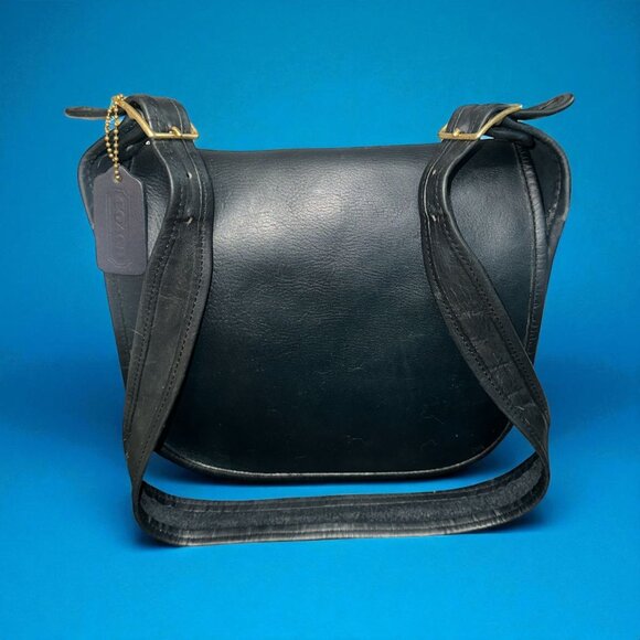 VTG Coach Shoulder Bag 9170 Navy Leather Brass Crossbody Early 80s NYC + Hangtag - Picture 1 of 11